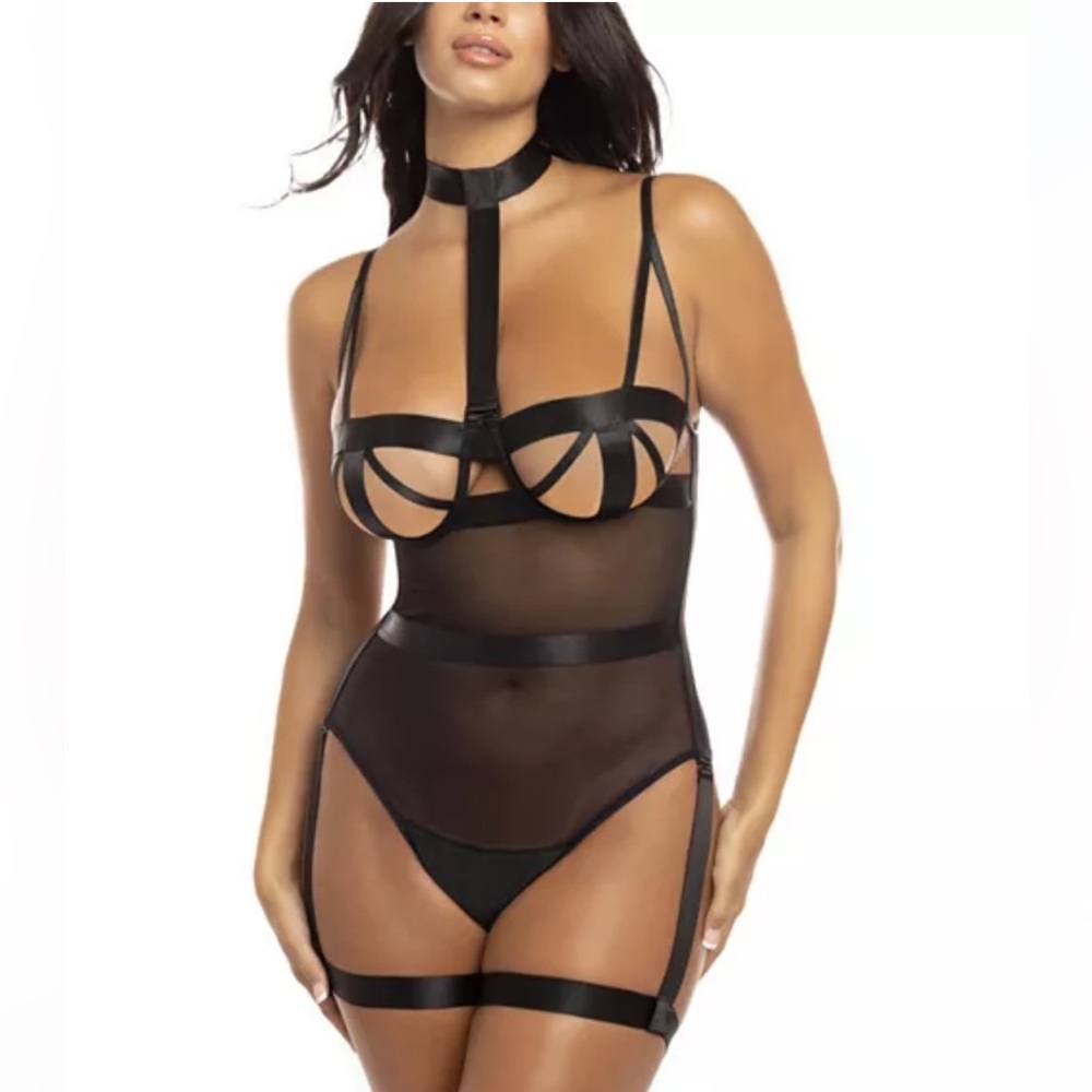 Oh La La Cheri Dena Unlined Strappy Balconette Bodysuit Teddy Black L/XL NWOT
